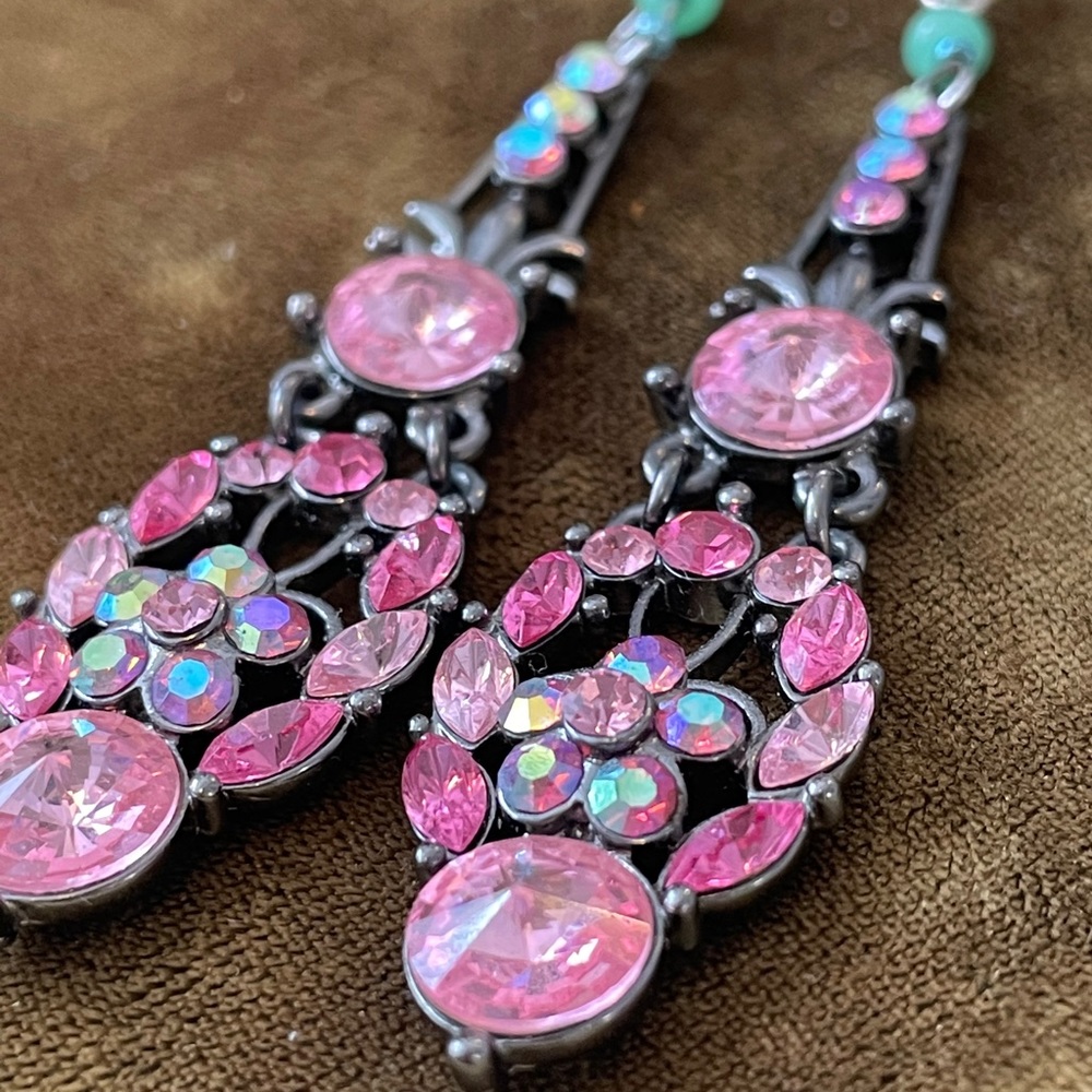 Pink Crystal Chandelier Earrings With Seed Beads